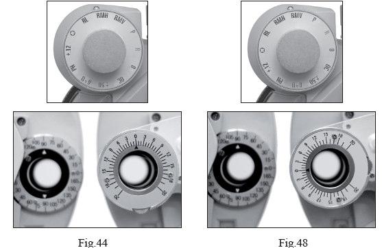 b. Then measure vertical phoria. As shown in Fig.48, turn auxiliary lens knob 21 and set RMV for the right eye.