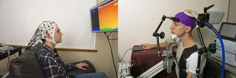 Brain-to-brain interface demonstration The sender, left, thinks about firing a cannon at various points throughout a computer game.