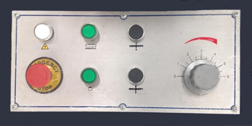 Control panel A B C D E F G Figure 2 A. Power light: when light, indicates that system is energized and machine is ready to operate. B. Start: press this button, the machine can start working. C. Saw frame up: press this button, the saw frame will go up until it touch the top limit point.