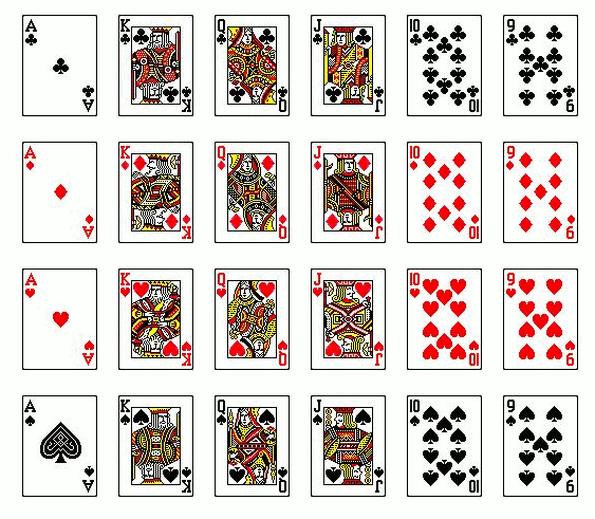 Euchre cards: 6 Clubs one each of nine, ten, Jack, Queen, King, and Ace 6 Spades one each of nine, ten, Jack, Queen, King,