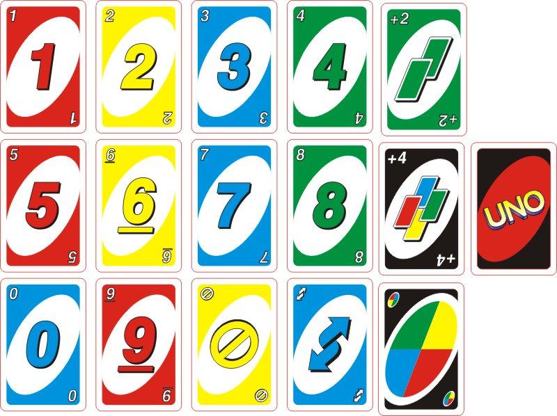 Deck of 108 Uno cards: 19 Blue Cards one 0 and two each of 1 through 9 19 Green Cards - one 0 and two each of 1 through 9 19 Red Cards - one 0 and two each of 1 through 9 19 Yellow Cards - one 0 and