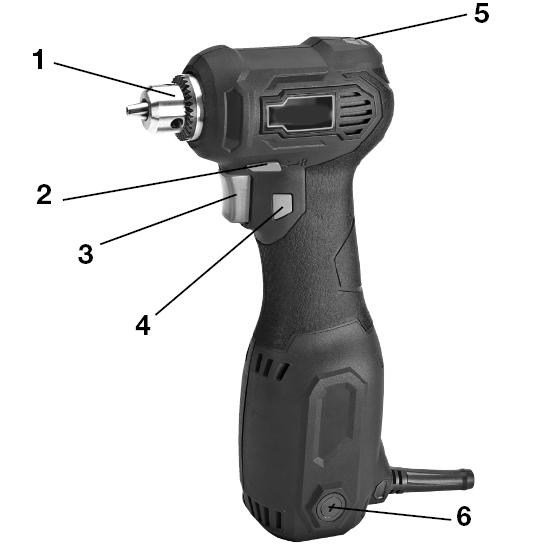 FIG 1 KNOWING YOUR CLOSE QUARTER DRILL (FIG 1) 1. Chuck 2. Reversing Switch 3. ON/OFF Trigger Switch 4. Lock-On Button 5. Power-On Indicator 6.