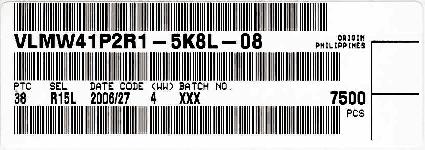 BAR CODE PRODUCT LABEL (example) A 16 VISHAY B C D E F G 2216 A. Type of component B. Manufacturing plant C. SEL - selection code (bin): e.g.: R1 = code for luminous intensity group 5L = code for chrom.