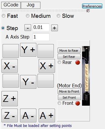 Jog Panel A-Axis Mode You will note that in addition to the ability to jog the XYZ axes, the A (4th-axis) axis jog is now available.