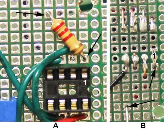 18 57. Insert R5 (2.2 kω) into the board as seen in Figure 19A (the wires are marked by black arrows). One of the wires should be next to pin 1 of socket for IC3. 58.