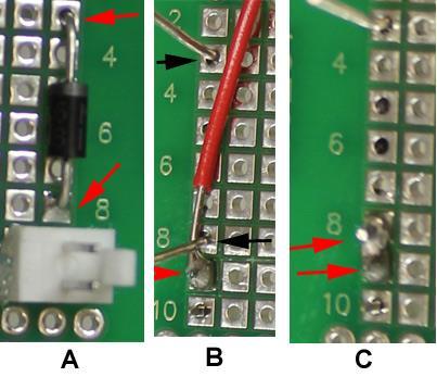 3 1. Insert the Schottky diode (D1) into the board as seen in Figure 1A. Make sure that the silver band of the diode is positioned properly. 2. Turn the board over so that the bottom side is up.