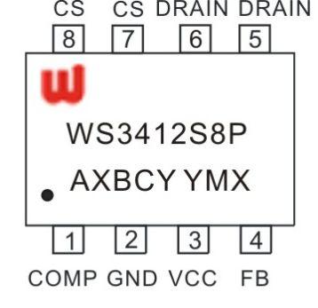 Pin Configuration and Marking Information The WS3412 is available in SOP8 Package,the top marking is shown as below: WS3412S8P A:Product Code X:Internal Code BCY:Internal Code For QC YMX:D/C Pin
