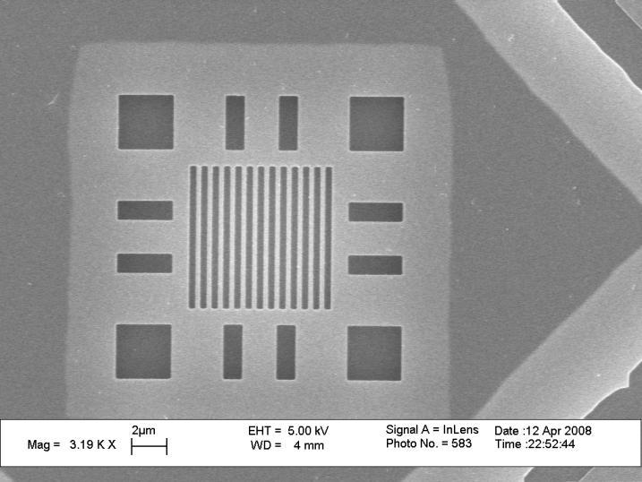 10 m (a) (b) (c) (d) Figure 2.9 SEM images of the series of fabricated HCGs integrated on VCSELs. a) 12 periods (8 µm X 8 µm). b) 9 periods (6 µm X 6 µm). c) 4 periods (2.9 µm X 3.0 µm).