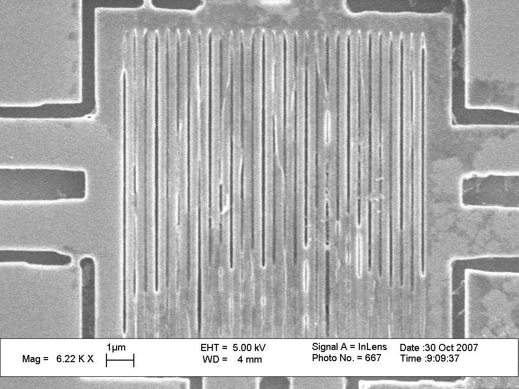 the HCG, the air gap is seen to vary from 96 nm to 142 nm due to the photoresist residues pulling the bars towards each other. Figure 2.