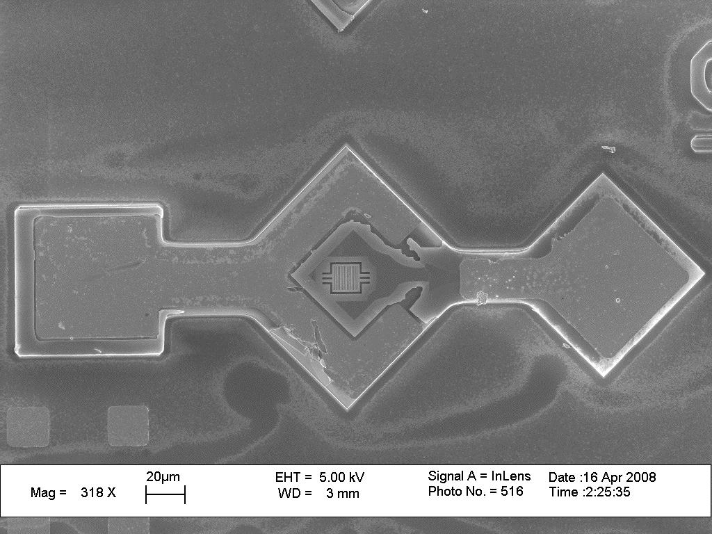 High Contrast Grating Tuning Contact Top Laser Contact (a) 100 m Actuator Beams 10 m (b) Figure 3.7 (a) Scanning electron microscope (SEM) image of a completed HCG tunable VCSEL.