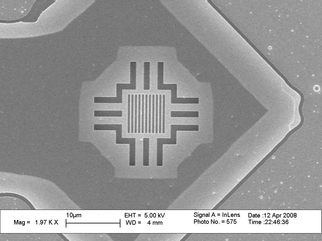 (b) Zoomed in SEM image of the center of the mesa of another device, showing the HCG surrounded by actuator beams.