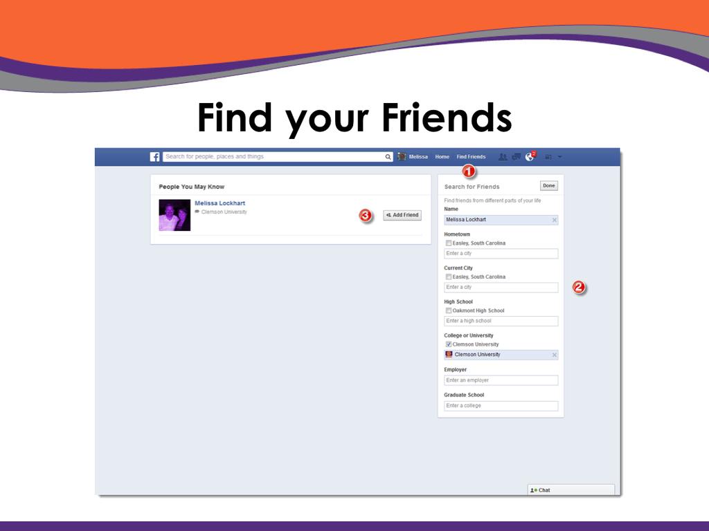 There are a couple of op+ons for communica+ng through Facebook. The first thing you need to do though is Add your Friends. To find your friends click on the Find Friends link in the top right corner.