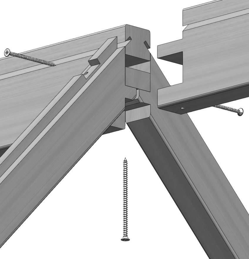 same at the other end with the rear gable. Drill a pilot hole through the bottom tenon of the extension ridge and through the roof bars.
