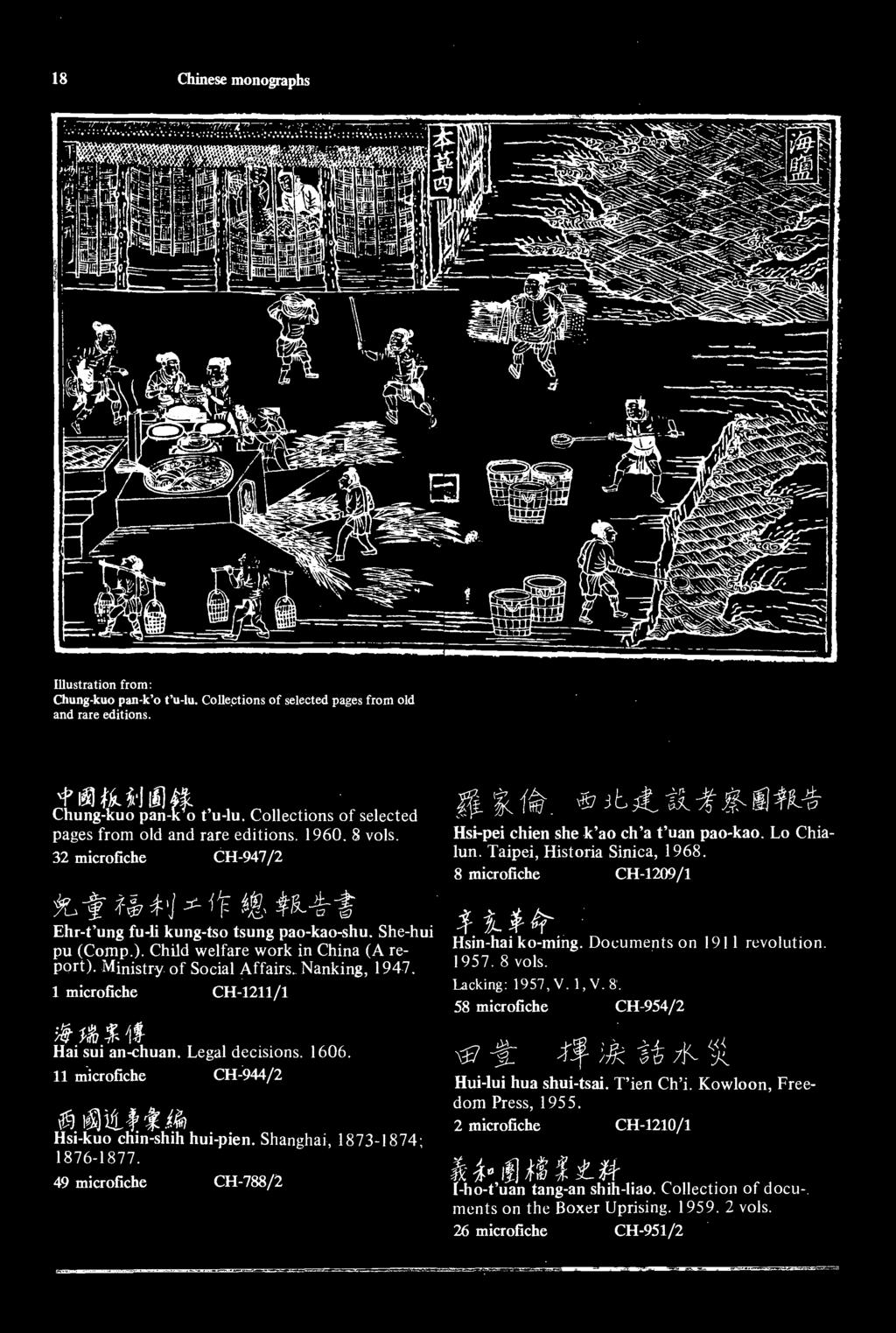 8 microfiche CH-1209/1 Ehr-t'ung fu-li kung-tso tsung pao-kao-shu. She-hui -.,.,. ^.,, pu (Comp.). Child welfare work in China (A re- "f"; Hsin-hai 11 * 1 k ko-ming.