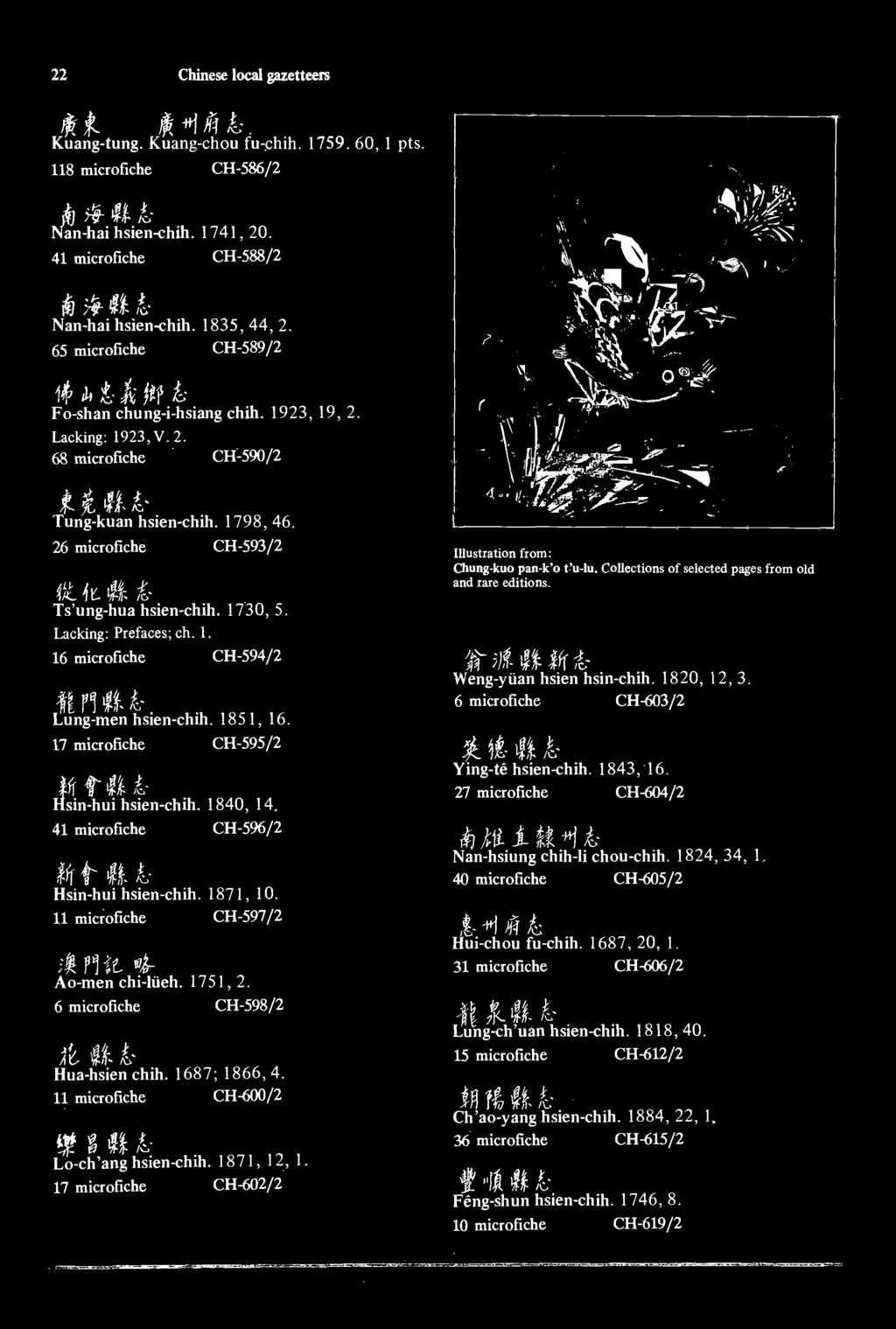 1798,46. 26 microfiche CH-593/2 It & 4e. fc 01, ft &,G Ts'ung-hua hsien-chih. 1730, 5. Ts'ung-hua hsien-chih. 1730, 5. Lacking: Prefaces; eh. ch. 1. l.