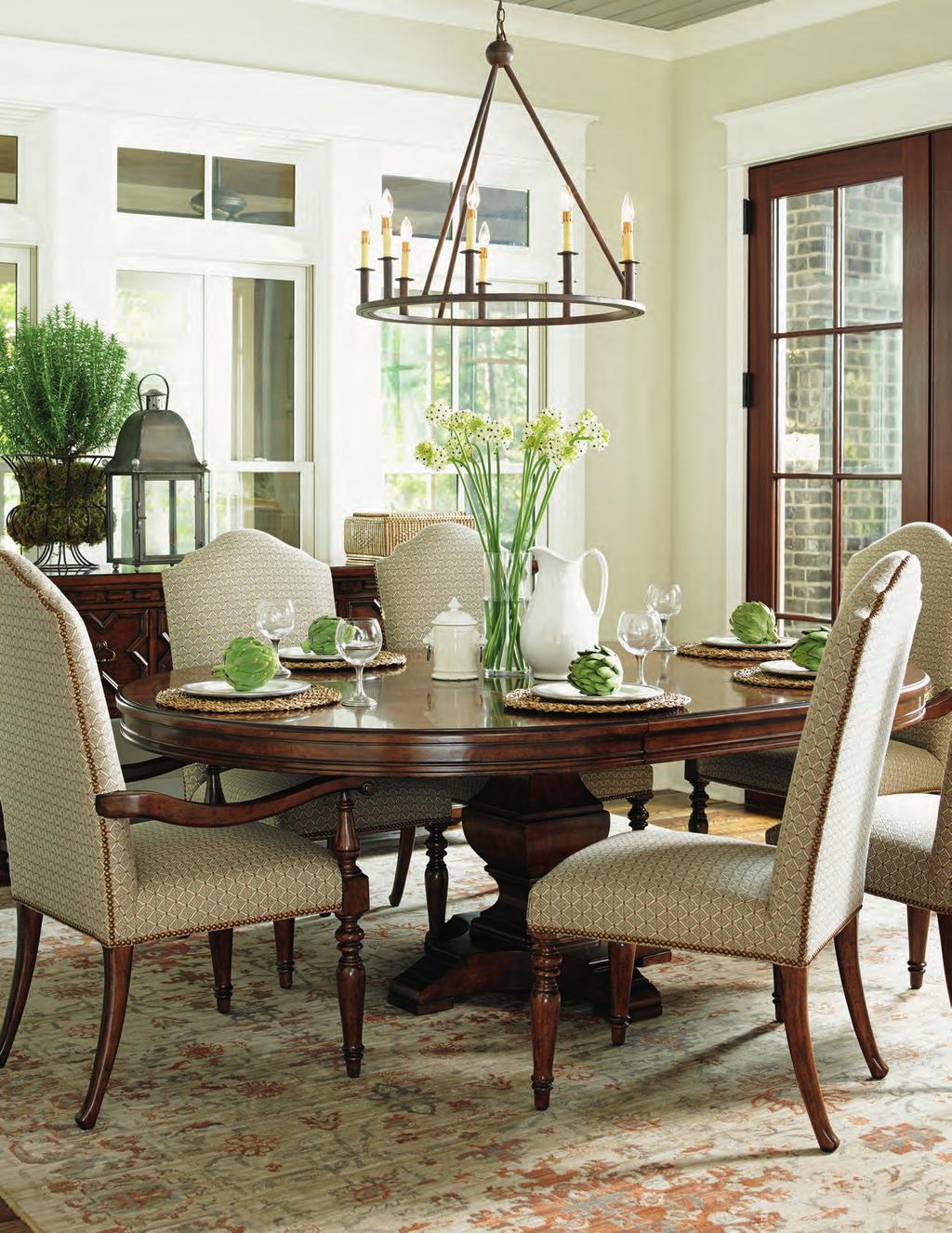 The 60-inch Ridgeview dining table features a four-way matched pattern of