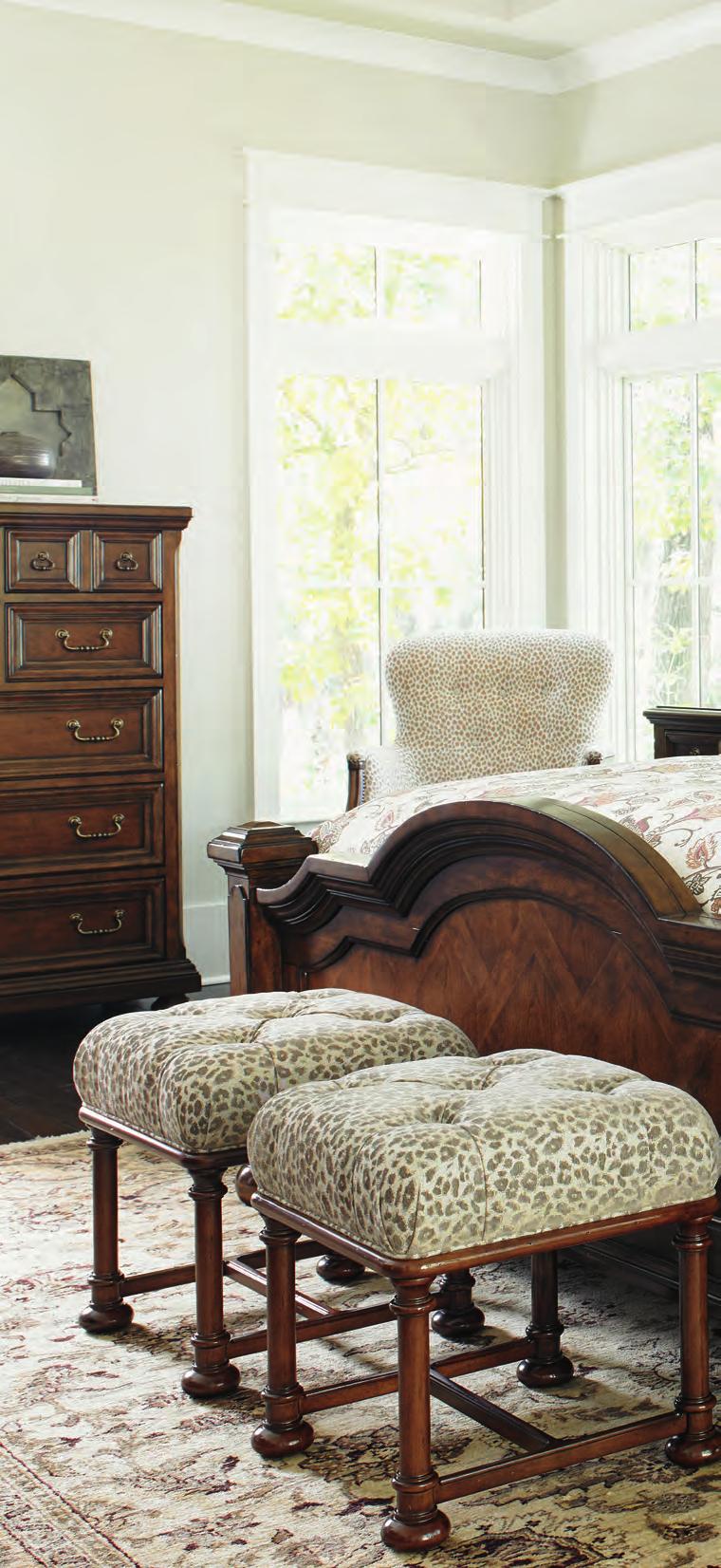 COVENTRY HILLS BEDROOM An interlocking Rustic Cherry veneer pattern highlights the