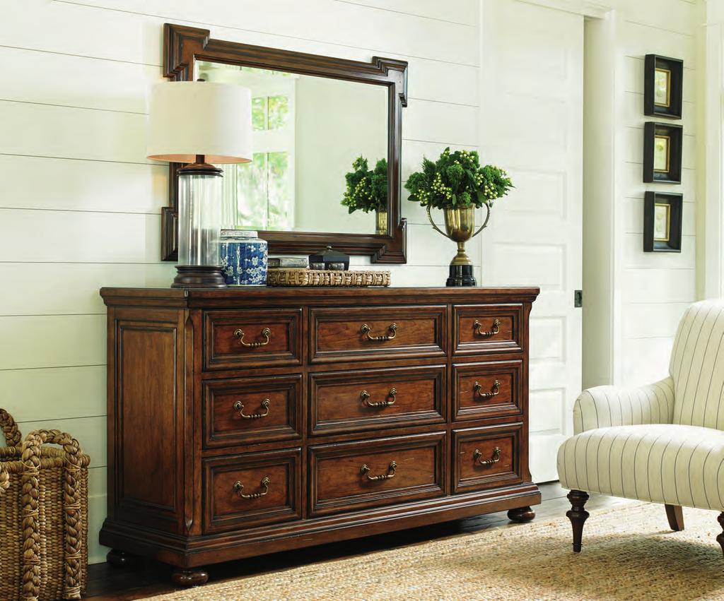 The Grayson triple dresser offers a distinctive silhouette, with deep moldings around the drawers