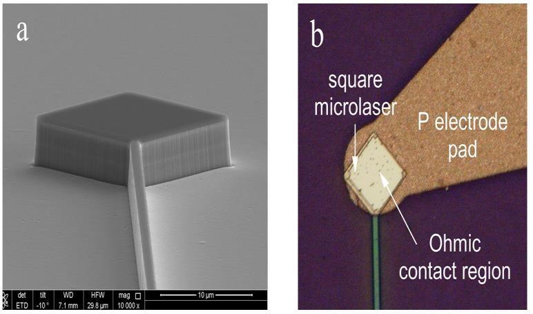 Fig. 1 (a) Side-view SEM images of the waveguide-coupled microsquare resonator after the ICP etching. (b) Optical microscope image of the fabricated microlaser after p-electrode metal deposition.