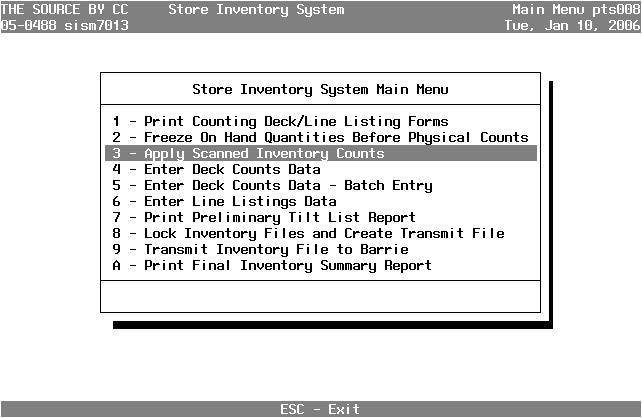 DOWNLOAD INVENTORY COUNT/IMPORT FILES - Con t LOADING AND APPLYING THE COUNTS ON THE STORE SYSTEM 1. In the SOS inventory program, select Option 3 - Apply Scanned Inventory Counts.