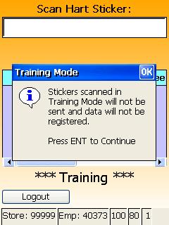 Scan any Fixture Sticker. a. The scanner will display another warning, indicating that you are scanning in Training mode and that no data will be