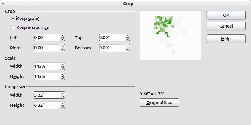 Figure 12: Crop dialog options available when cropping a picture For a side mark, both dimensions are changed proportionally with the image anchored to the opposite side mark.