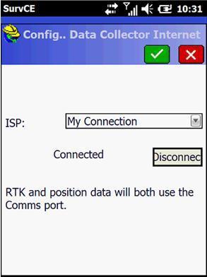 4-Receiver tab 6) Move to RTK tab, select Data Collector Internet in Device box, then click on icon, in ISP box, select the connection previously defined in