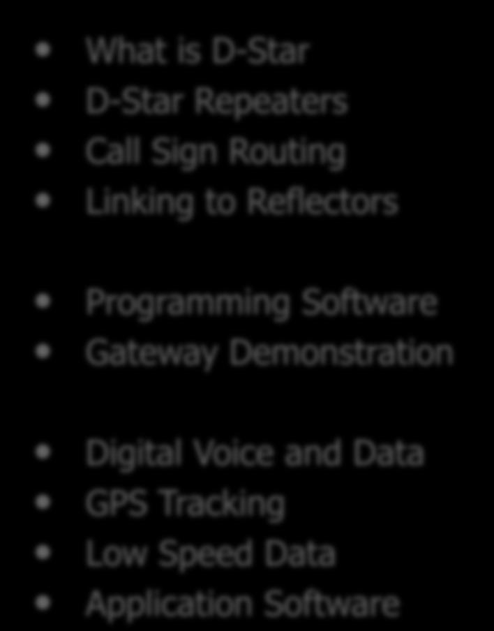 D-Star Update What is D-Star D-Star Repeaters Call Sign Routing Linking to Reflectors Programming