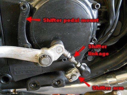 See picture I to familiarize yourself with some of the stock components and their names. Picture I Loosen the two nuts on the shifter linkage and rotate the linkage to remove it.