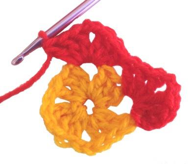 Drop the tail of the yarn then into that SAME HOLE work 2
