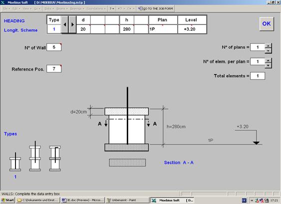 Floor (heights). Floor plan description (optional). Level caption (optional). Floor figure. Section selection form: 1. Define the wall dimensions, the reinforcing bars and vertical bars 2.