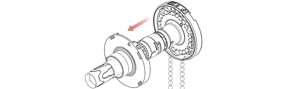 PART A CHAIN REPLACEMENT STEP 1 - PRESS DOWN ON TAB ON CHAIN WINDER GUARD, INSERT A FLAT HEAD SCREW DRIVER INTO SLOT, AND ROTATE CLOCKWISE TO UNLOCK