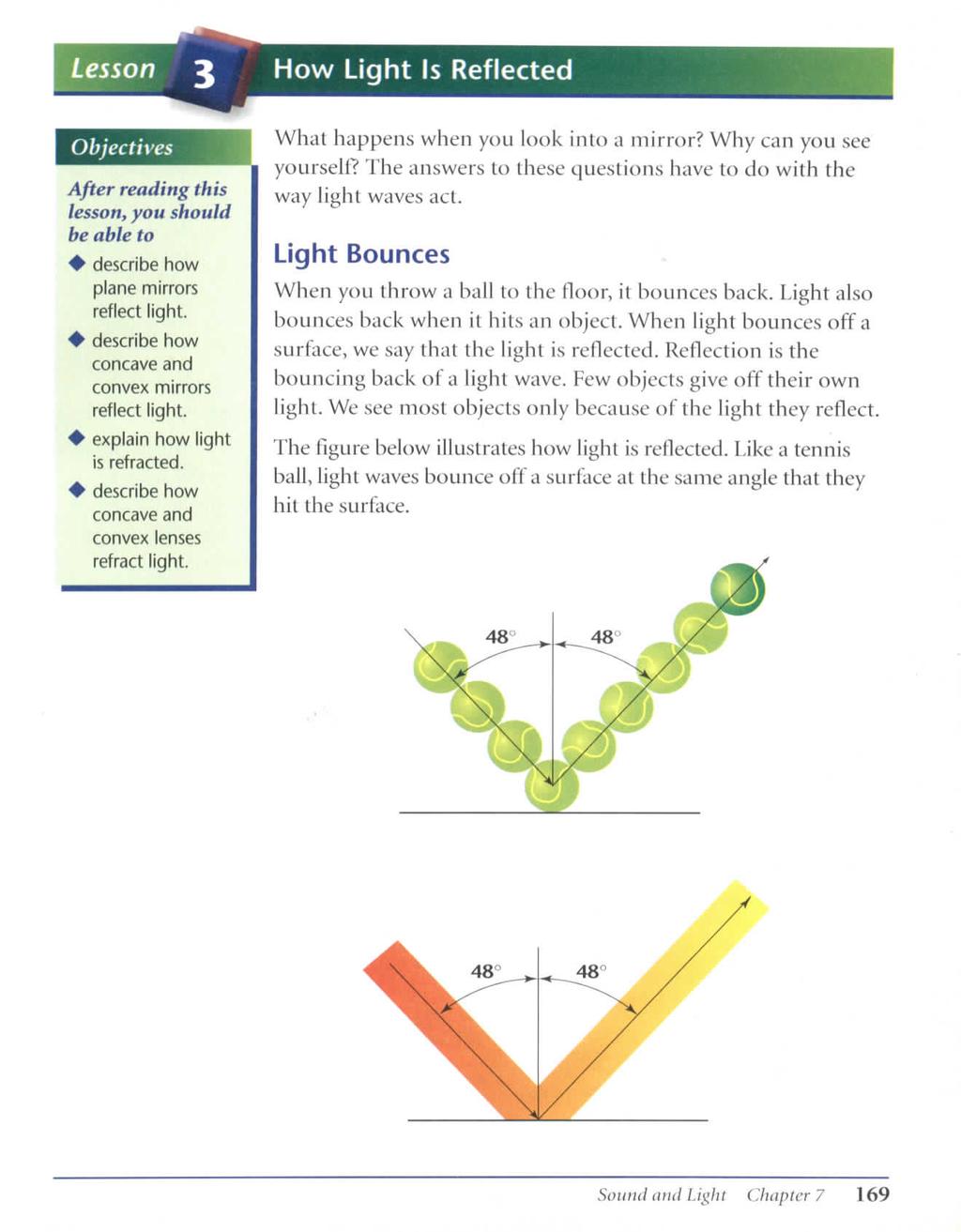 Lesson How Light Is Reflected Objectives After reading this lesson, you should be able to + describe how plane mirrors reflect light. ^ describe how concave and convex mirrors reflect light.