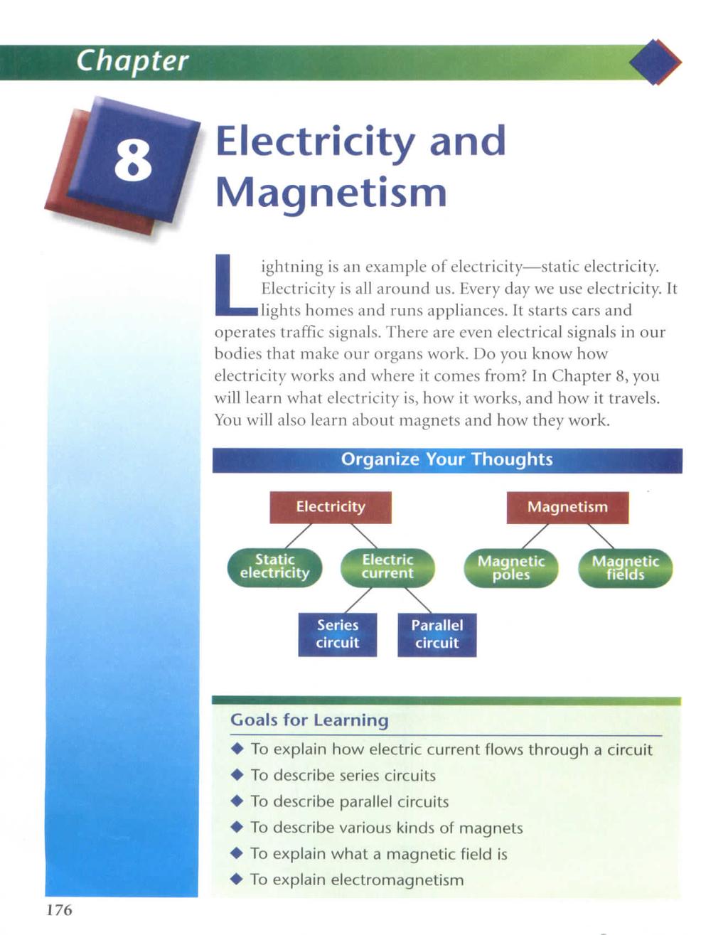 Chapter Electricity and Magnetism Lightning is an example of electricity static electricity. Electricity is all around us. Every day we use electricity. It lights homes and runs appliances.