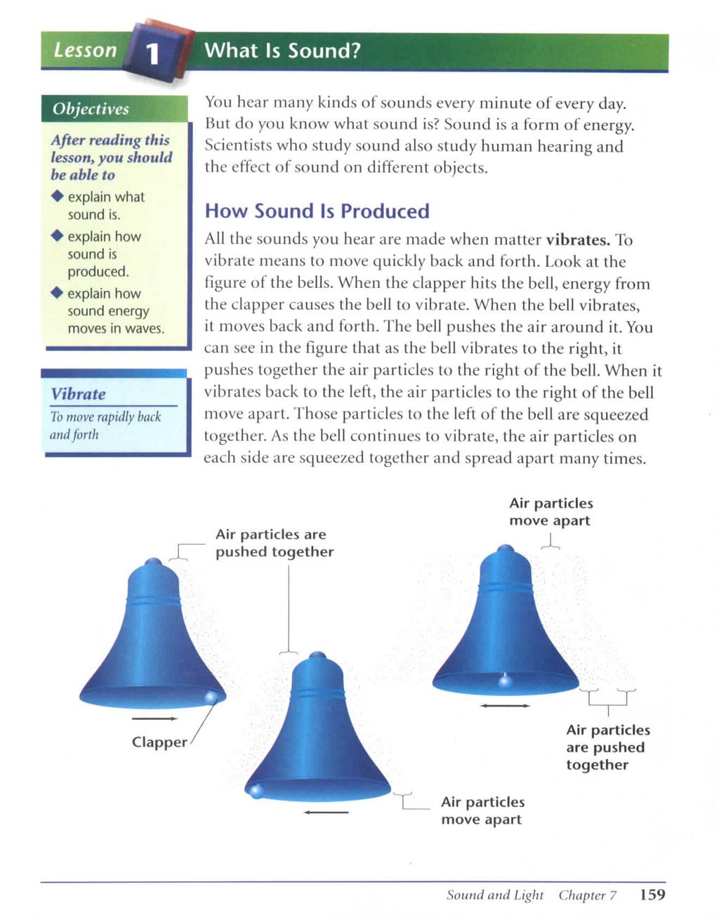 What Is Sound? Objectives After reading this lesson, you should be able to + explain what sound is. + explain how sound is produced. + explain how sound energy moves in waves.