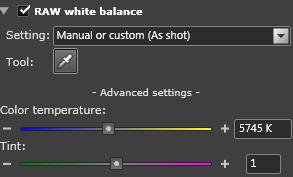 User guide Setting the white balance of a Raw file uses either presets, the "color picker", or a combination of two sliders Raw images, for which the white balance has not yet been established, offer