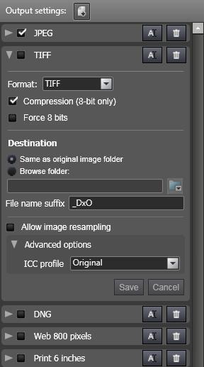 User guide Output settings panel The output settings panel sets, for several output formats, their file type, destination folder, suffix to be added, image size and ICC profile About the Output