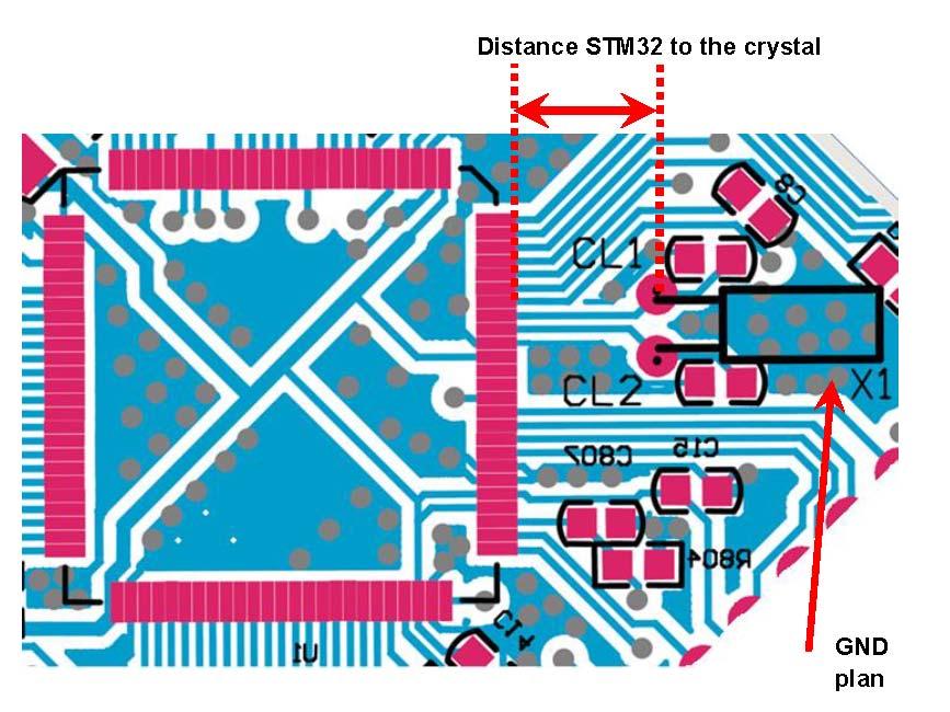 Tips for improving oscillator stability AN2867 Example 3 Figure 15 gives another example of PCB that does not respect the guidelines provided in