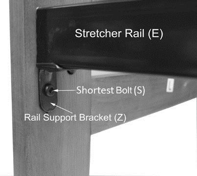 Repeat steps 1 through 5 for the other Stretcher Rail (E) Step 3 Attach Arms to Stretcher Rails Note: The bolt heads associated with the T-Leg (P) attachment in Step 2 should be facing the inside of