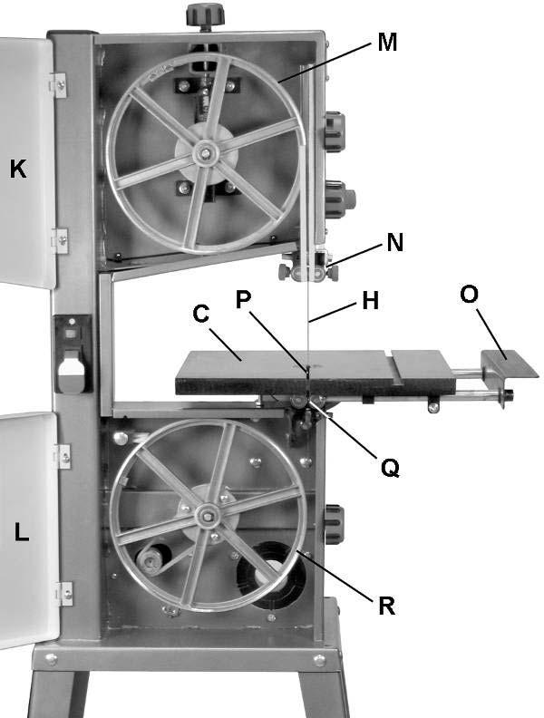 7) is typically set to stop the table at 90º (perpendicular) with the blade. 1. Disconnect machine from power source. 2. Loosen lock knob (A, Fig. 7); then tilt the table (C, Fig.
