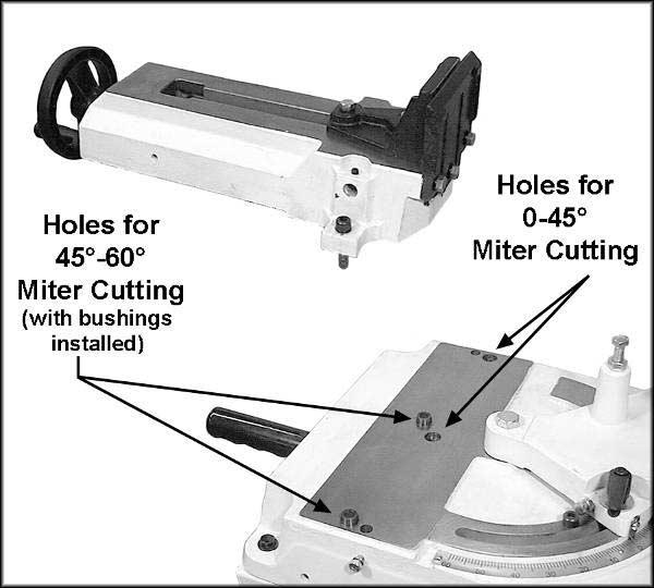 Miter Cuts There are two sets of holes in the base for mounting the vise assembly. For miter cuts from 0 up to 45, mount the vise assembly to the rear set of holes.