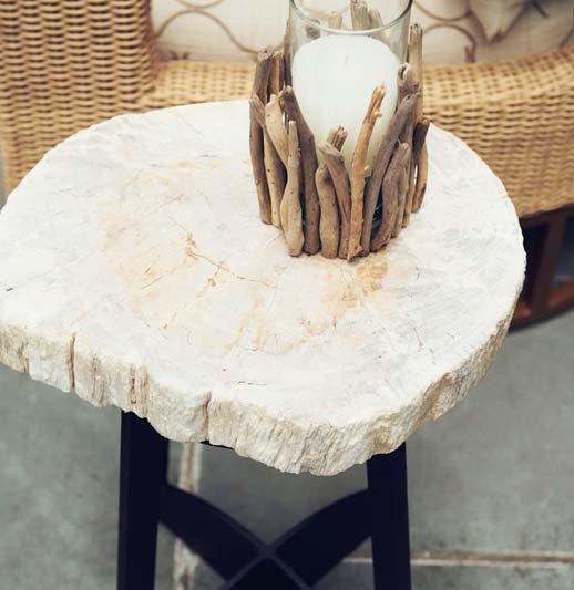 The unique accent table features an authentic petrified wood top, sealed for