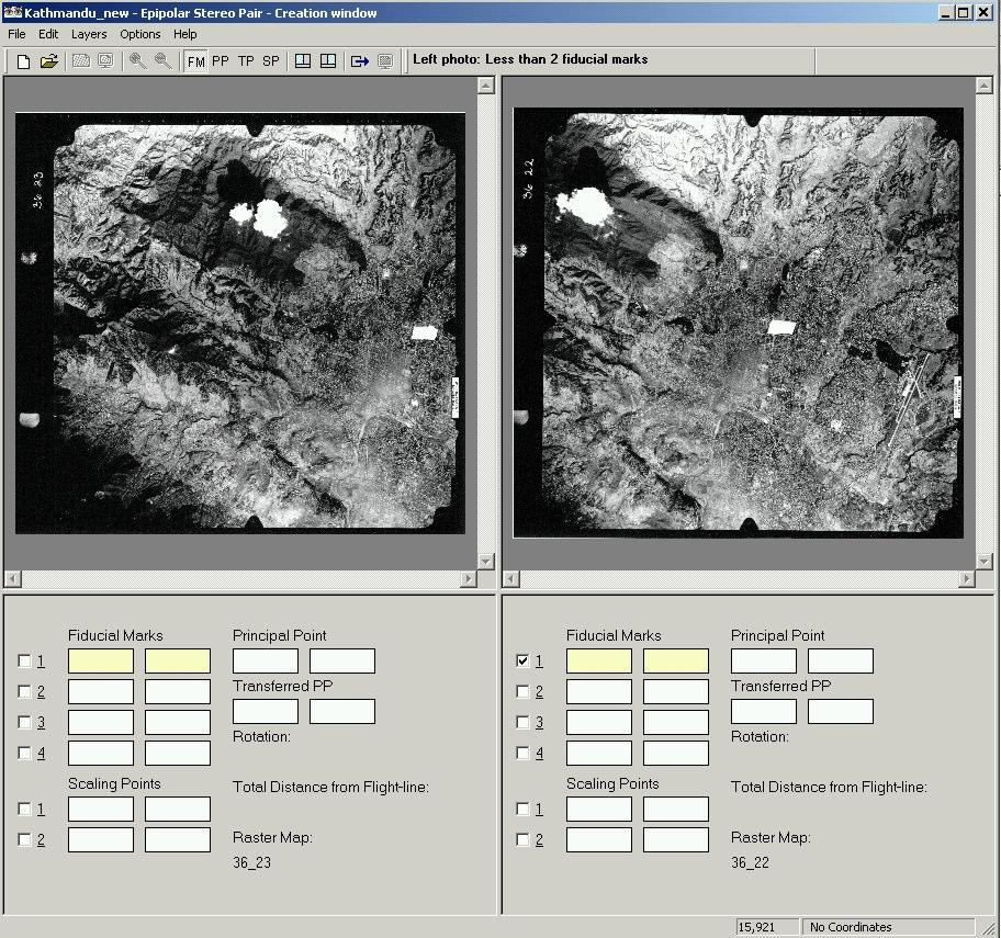 Now you need to fill in the fiducial points for both photos. Digitize the four fiducial marks (FM) in both photos.