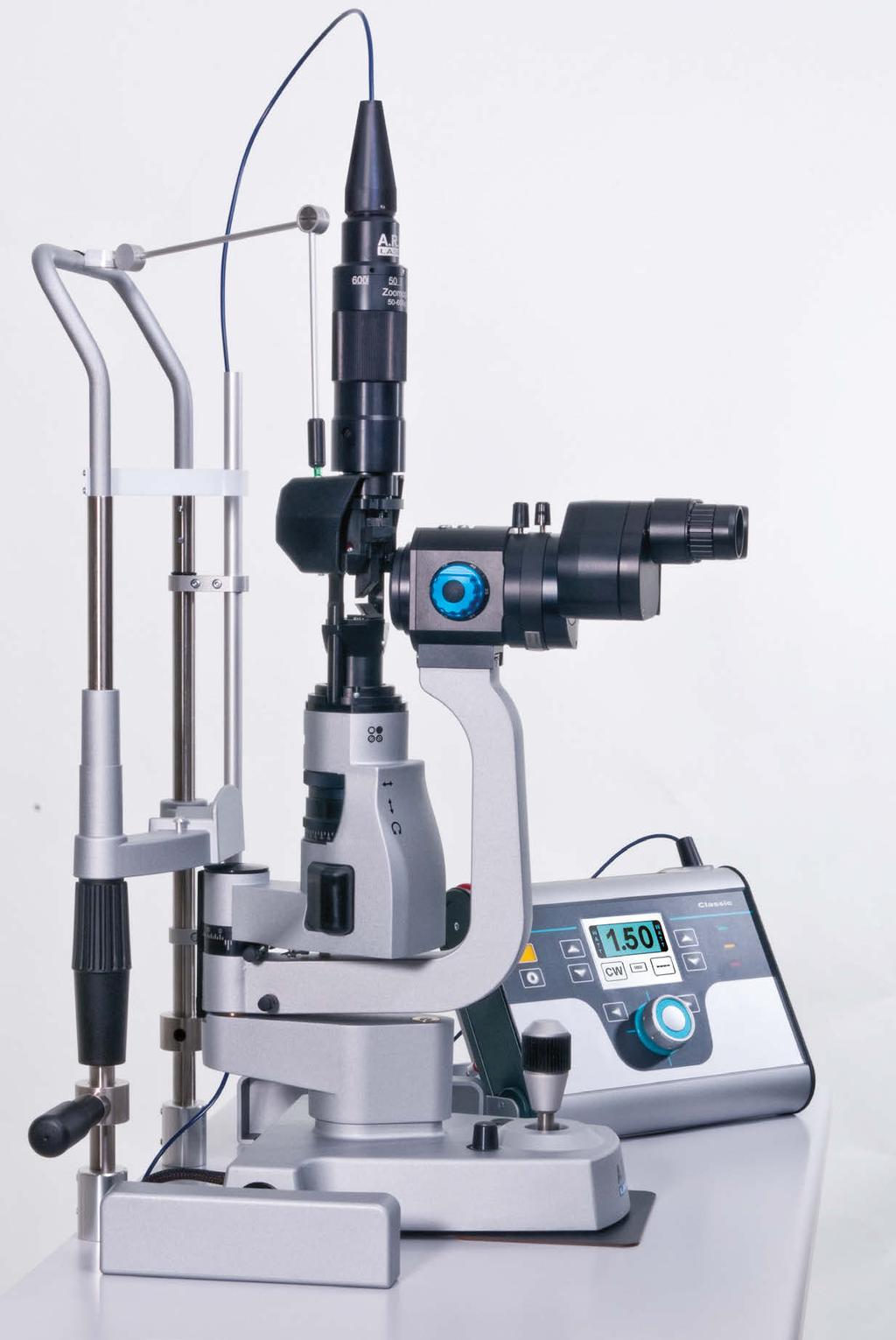 The laser optic is integrated into the slit illumination to assure coaxial viewing with laser delivery.