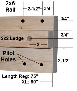 Cutting & Building the Rails Cut (2) Rails: 2x6 Rail & 2x2 Ledge Lengths: Regular 75 XL 80 Glue and screw the 2x2 ledge to the 2x6 rail as shown in the