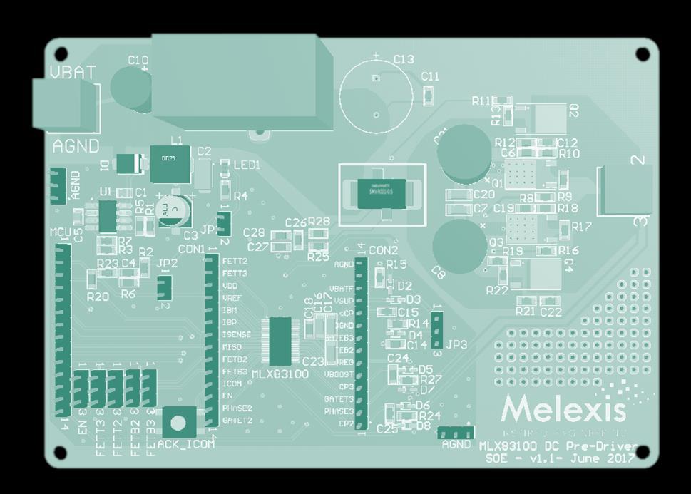1. Scope This application note is to be used in combination with the pre-driver MLX83100 datasheet. This application note describes the Melexis pre-driver evaluation board.