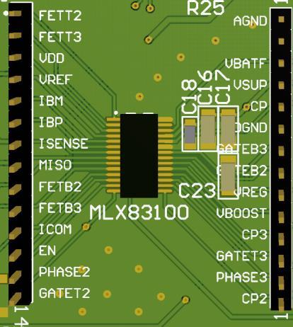 4.2. Pre-Driver The MLX83100 in TSSOP28-EP package is soldered directly on the evaluation board. Pin-headers next to the IC allow easy access to measure all the different signals of the pre -driver.