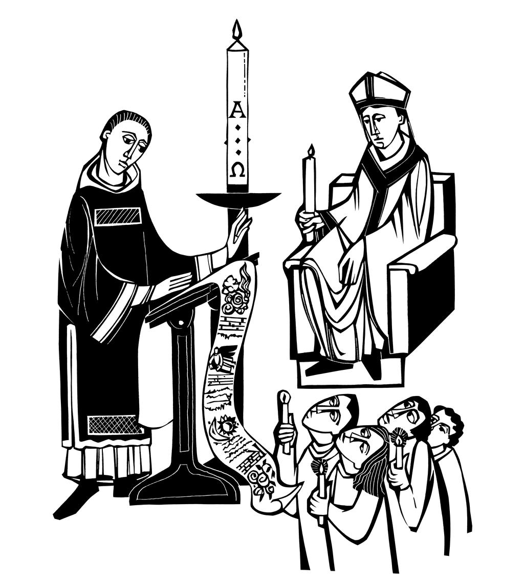 The Deacon singing the Exsultet from an unfolding scroll before the assembly