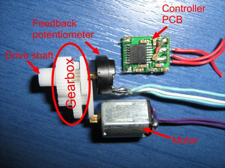 RC servo motor Externally three wires Potentiometer monitors rotational angle of the motor.