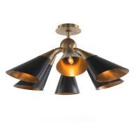 Product ID: AJC-8979 16"H X 27"D A mid-century six-light semiflush in bronze and brass with conical shades.